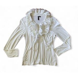 Azi Jeans Women's L Cream Ruffle Knit Blouse Long Sleeve Stretch Excellent Cond
